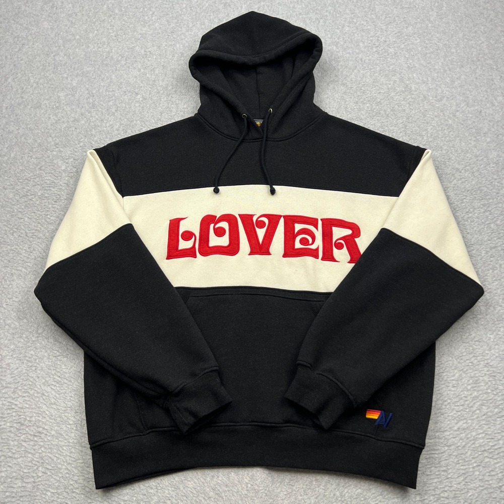 Aviator Nation Lover Embroidery Hoodie Small Black Color Block Relaxed Pullover
